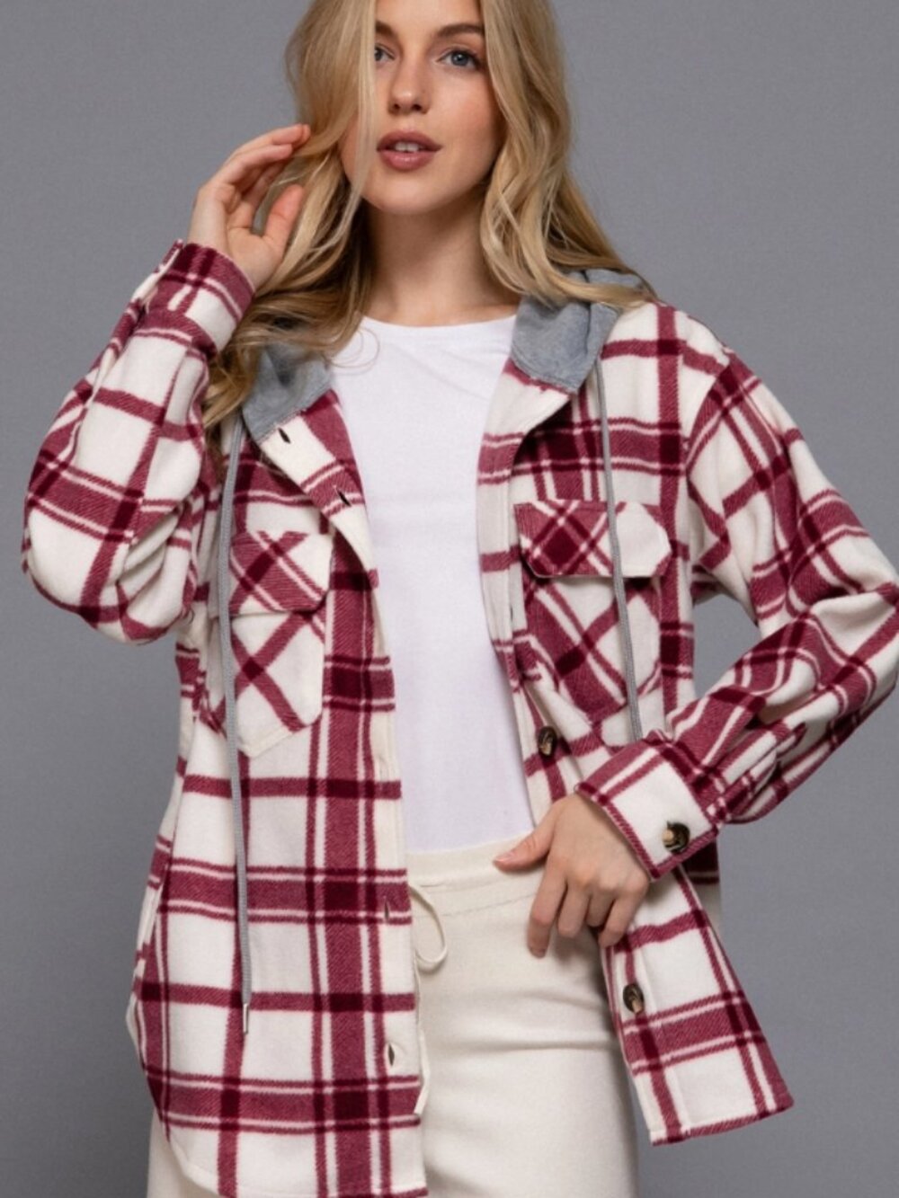 Active USA Plus Size Burgundy Plaid Fleece Hooded Shacket